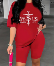 Load image into Gallery viewer, Jesus Print Two-piece Set, Short Sleeve Crew Neck T-Shirt &amp; Shorts, Casual 2pcs Outfit, Women&#39;s Clothing

