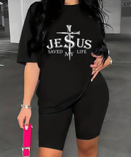 Load image into Gallery viewer, Jesus Print Two-piece Set, Short Sleeve Crew Neck T-Shirt &amp; Shorts, Casual 2pcs Outfit, Women&#39;s Clothing
