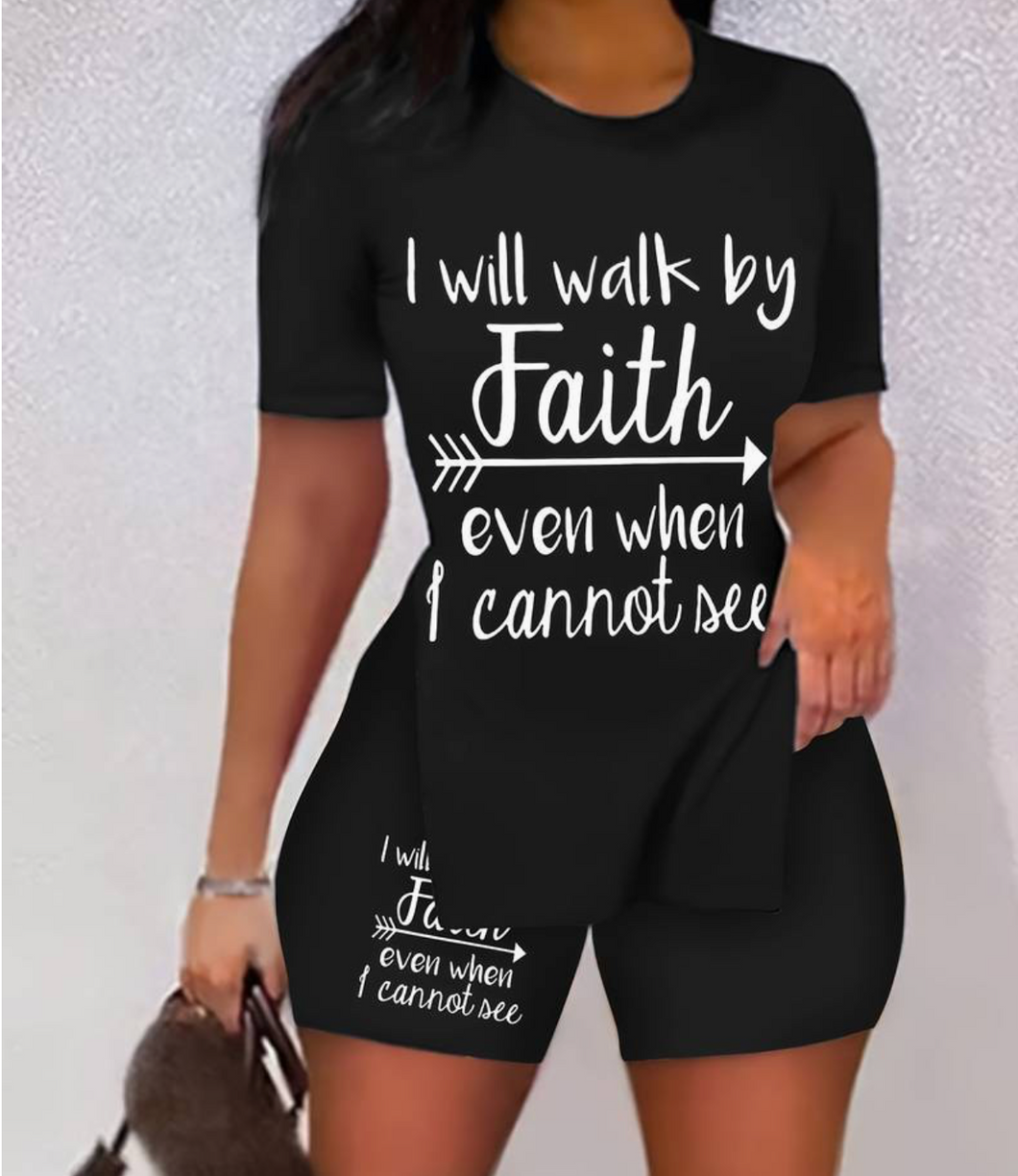 Walk By Faith Print Two-piece Set For Spring & Summer, Short Sleeve Side Split Casual T-Shirt & Shorts
