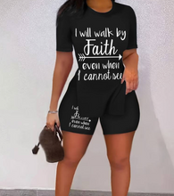 Load image into Gallery viewer, Walk By Faith Print Two-piece Set For Spring &amp; Summer, Short Sleeve Side Split Casual T-Shirt &amp; Shorts

