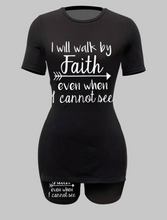 Load image into Gallery viewer, Walk By Faith Print Two-piece Set For Spring &amp; Summer, Short Sleeve Side Split Casual T-Shirt &amp; Shorts
