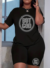 Load image into Gallery viewer, But God Letter Print Two-piece Set, Crew Neck Short Sleeve Tee &amp; Slim Shorts Outfits, Women&#39;s Clothing
