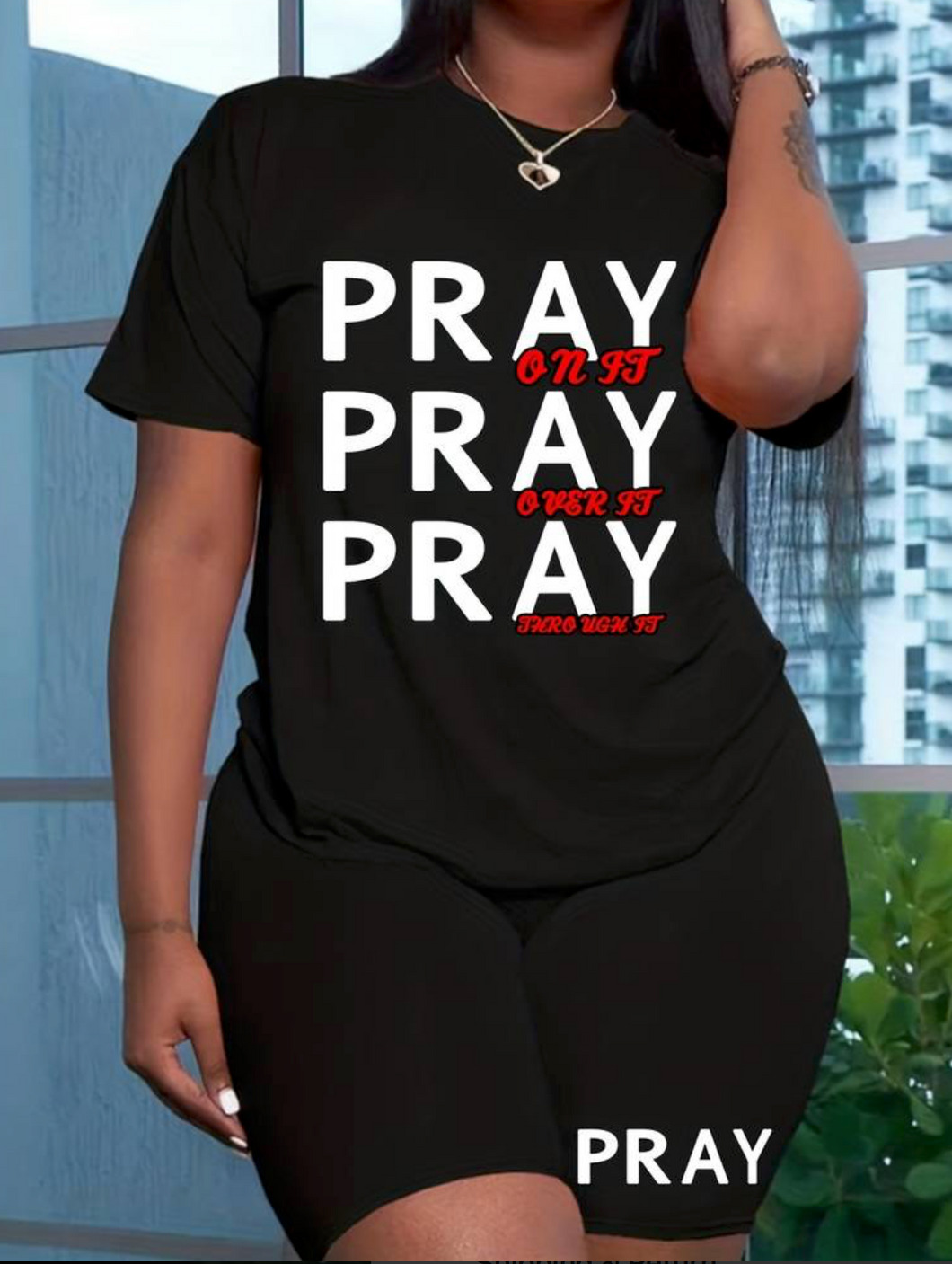 Pray Letter Print Two-piece Set, Casual Short Sleeve T-shirt & High Waist Shorts Outfits