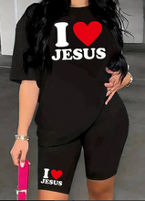Load image into Gallery viewer, I Love Jesus Print Two-piece Set, Short Sleeve Crew Neck Casual T-shirt &amp; Biker Shorts 2pcs Outfits
