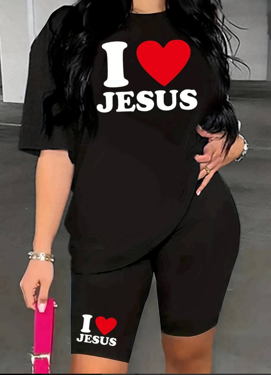 I Love Jesus Print Two-piece Set, Short Sleeve Crew Neck Casual T-shirt & Biker Shorts 2pcs Outfits