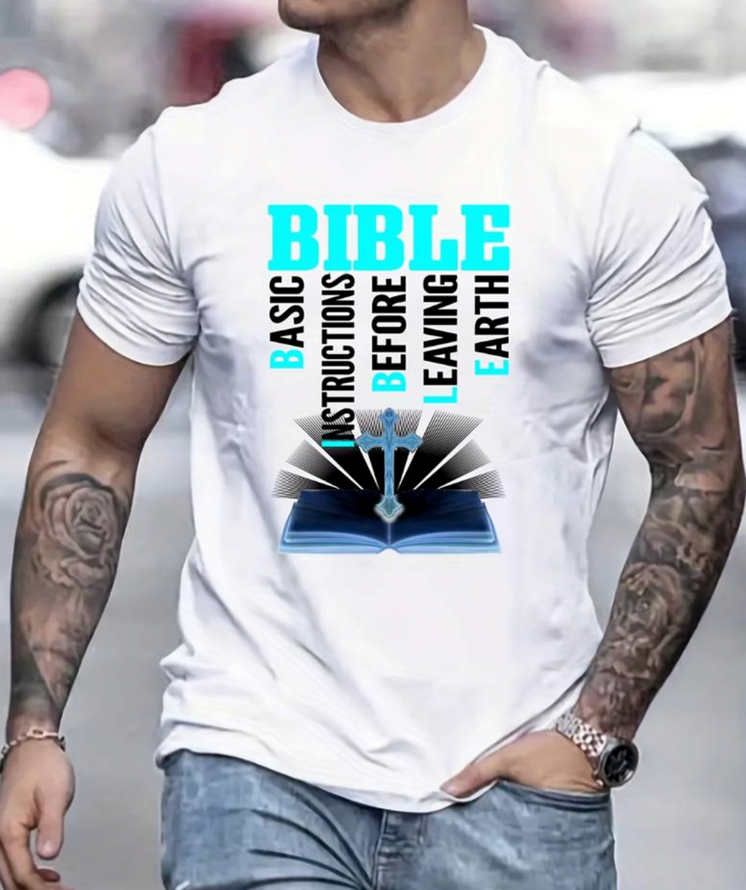 Tees For Men, Learning Bible And Cross Print T Shirt, Casual Short Sleeve Crew Neck Tshirt