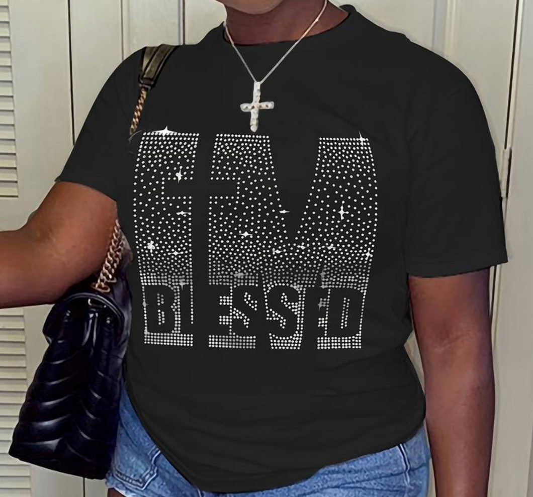 I'm Blessed Rhinestone T-Shirt, Short Sleeve Casual Top For Summer & Spring, Women's Clothing