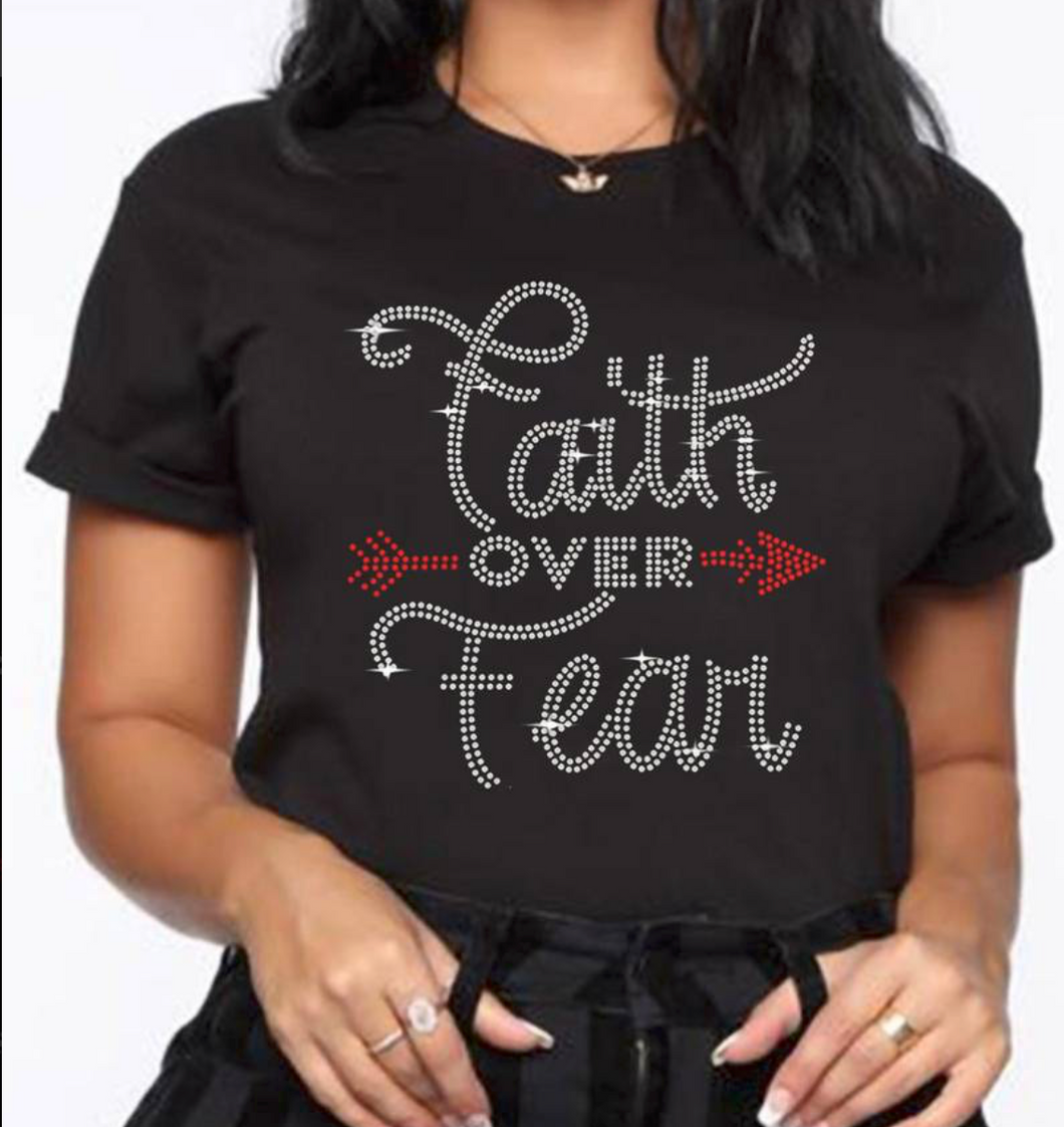 Faith Over Fear Rhinestone T-shirt, Short Sleeve Crew Neck Casual Top