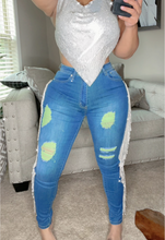 Load image into Gallery viewer, Neon Green  Sparks ⚡️ High Waist Ripped Cutout Fringe Jeans
