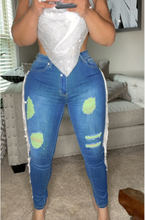 Load image into Gallery viewer, Neon Green  Sparks ⚡️ High Waist Ripped Cutout Fringe Jeans
