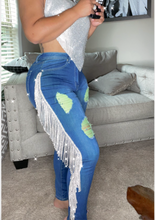 Load image into Gallery viewer, Neon Green  Sparks ⚡️ High Waist Ripped Cutout Fringe Jeans
